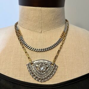 Stella & Dot Two-Tone Gold and Silver Layered Necklace with Crystal Fan Pendant